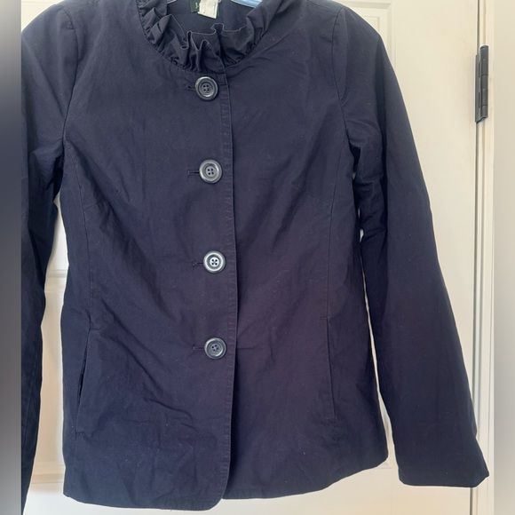 J Crew Women’s Size 0 Cotton Blazer Navy Ruffle Collar Y2K Button‎ Front - Picture 1 of 7